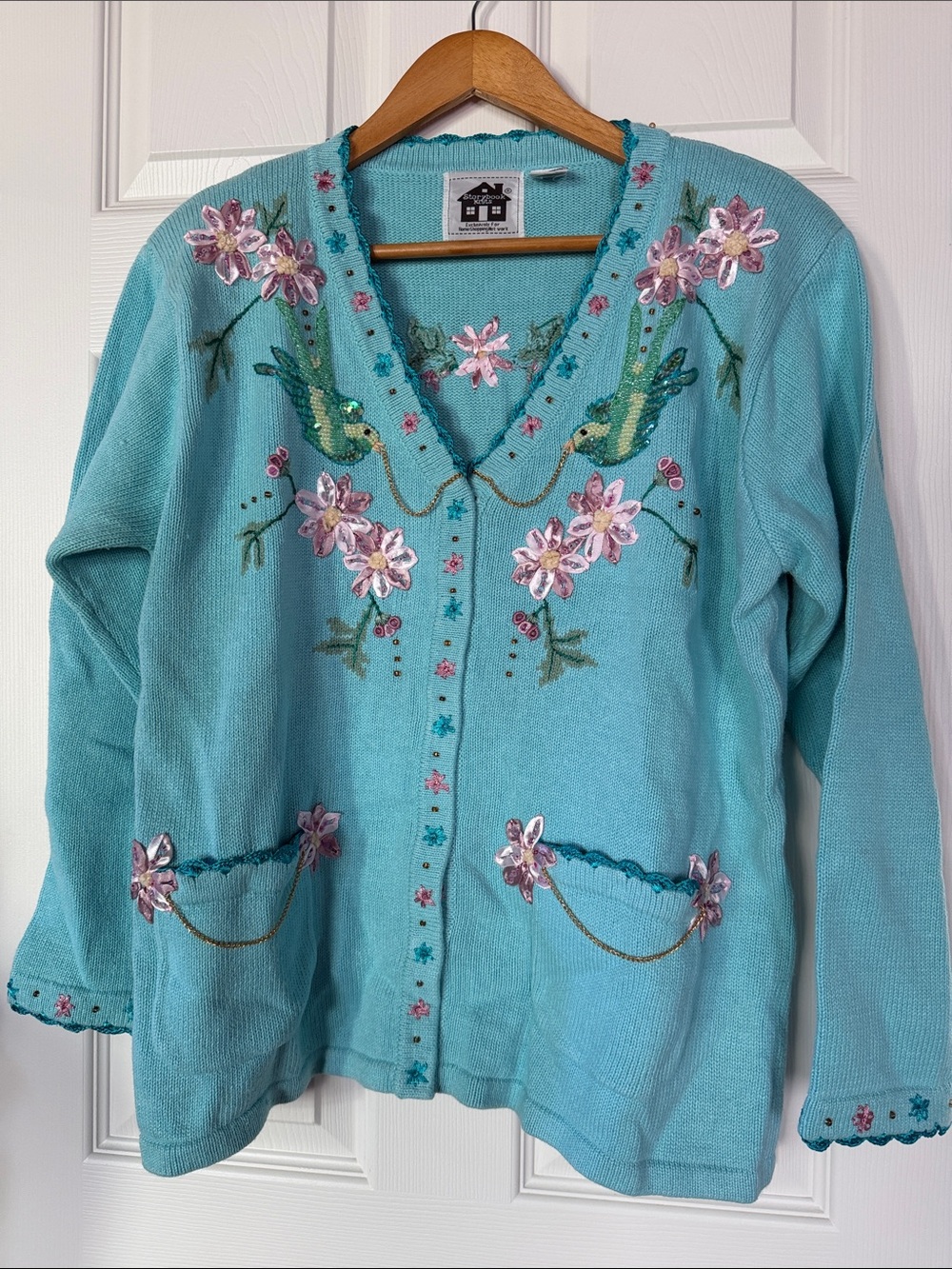 Vintage Storybook Knits “Gilded Garden” Birds Beaded Turquoise Cardigan Sweater